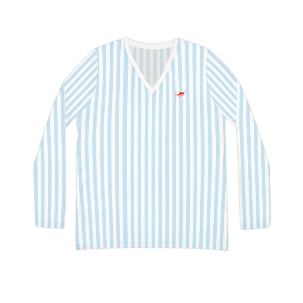 Women's Striped Long Sleeve V-neck Shirt - Marlin