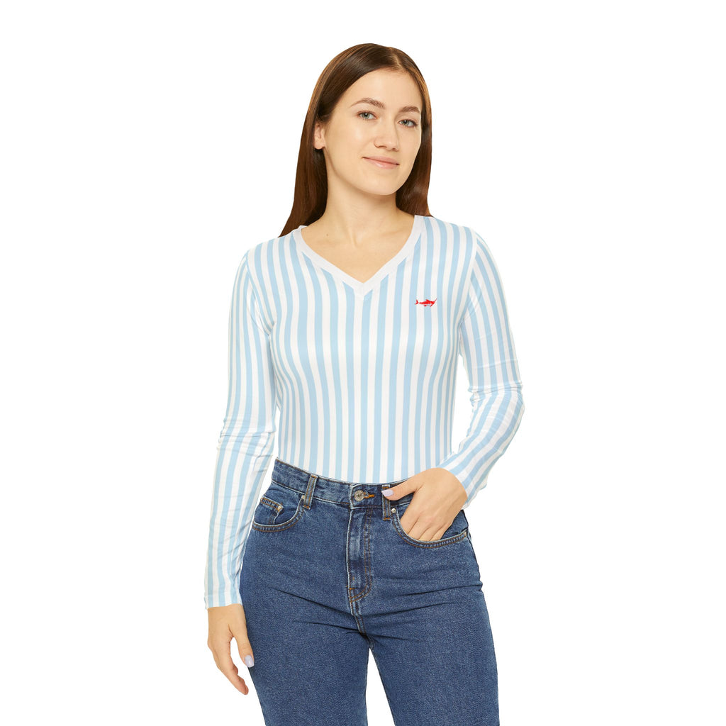 Women's Striped Long Sleeve V-neck Shirt - Marlin
