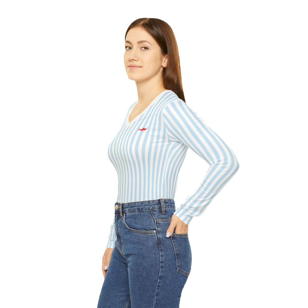 Women's Striped Long Sleeve V-neck Shirt - Marlin