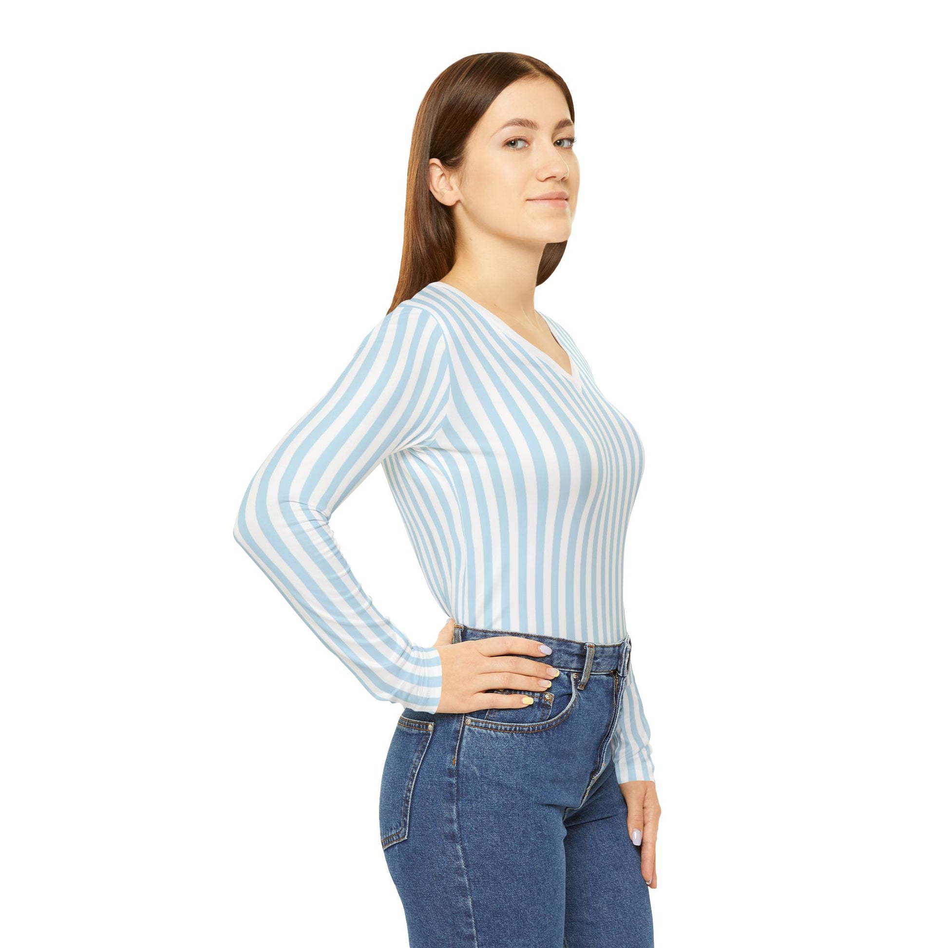 Women's Striped Long Sleeve V-neck Shirt - Marlin