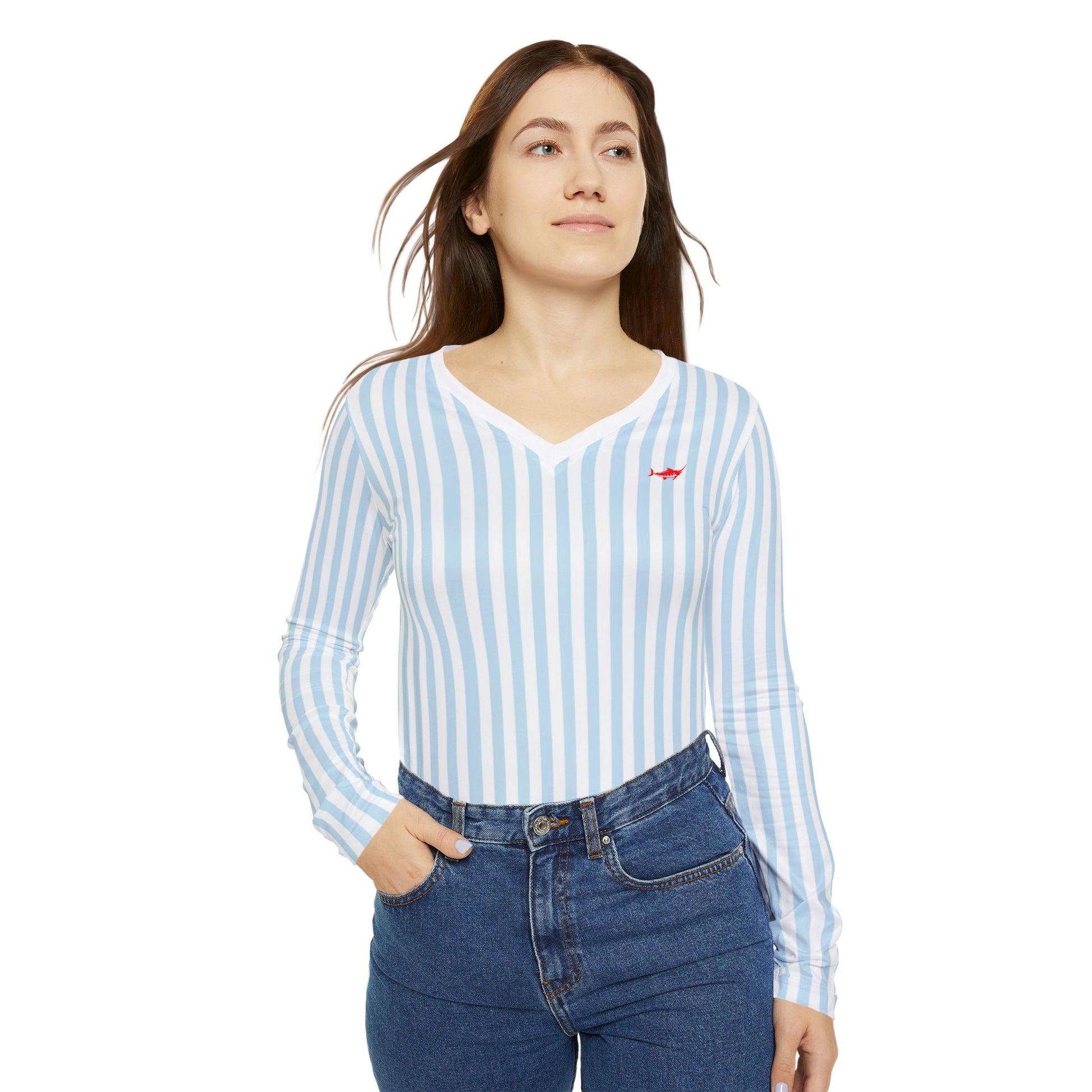Women's Striped Long Sleeve V-neck Shirt - Marlin