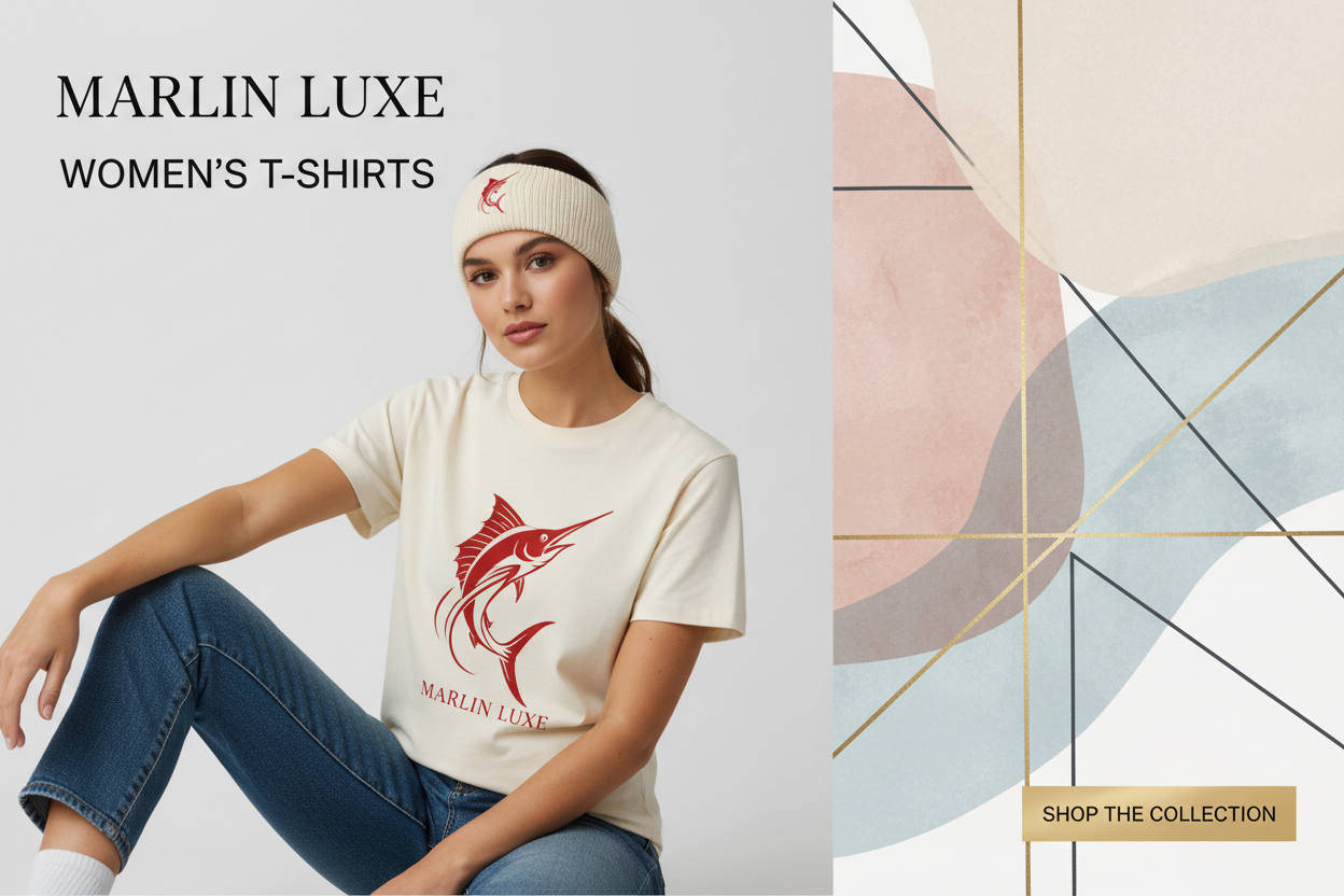 “Elegant Shopify collection banner design for Women T-Shirts from Marlin Luxe. Create a high-resolution graphic design layout featuring a stylish young woman sitting down, wearing a premium T-shirt with a bold Marlin Luxe print-on-demand design. The shirt should include the red Marlin Luxe fish-shaped logo diving upward. The woman is also wearing a matching head warmer with the same Marlin Luxe red fish logo.
Background should be artistic and modern—soft abstract art, minimal brush textures, elegant pattern